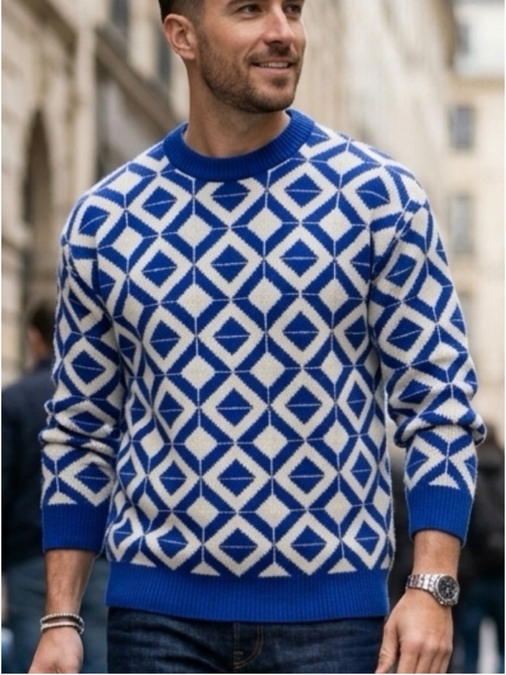 Zara Geometric Diamond Pattern Knit Sweater Blue White Crewneck Optical XL 1525